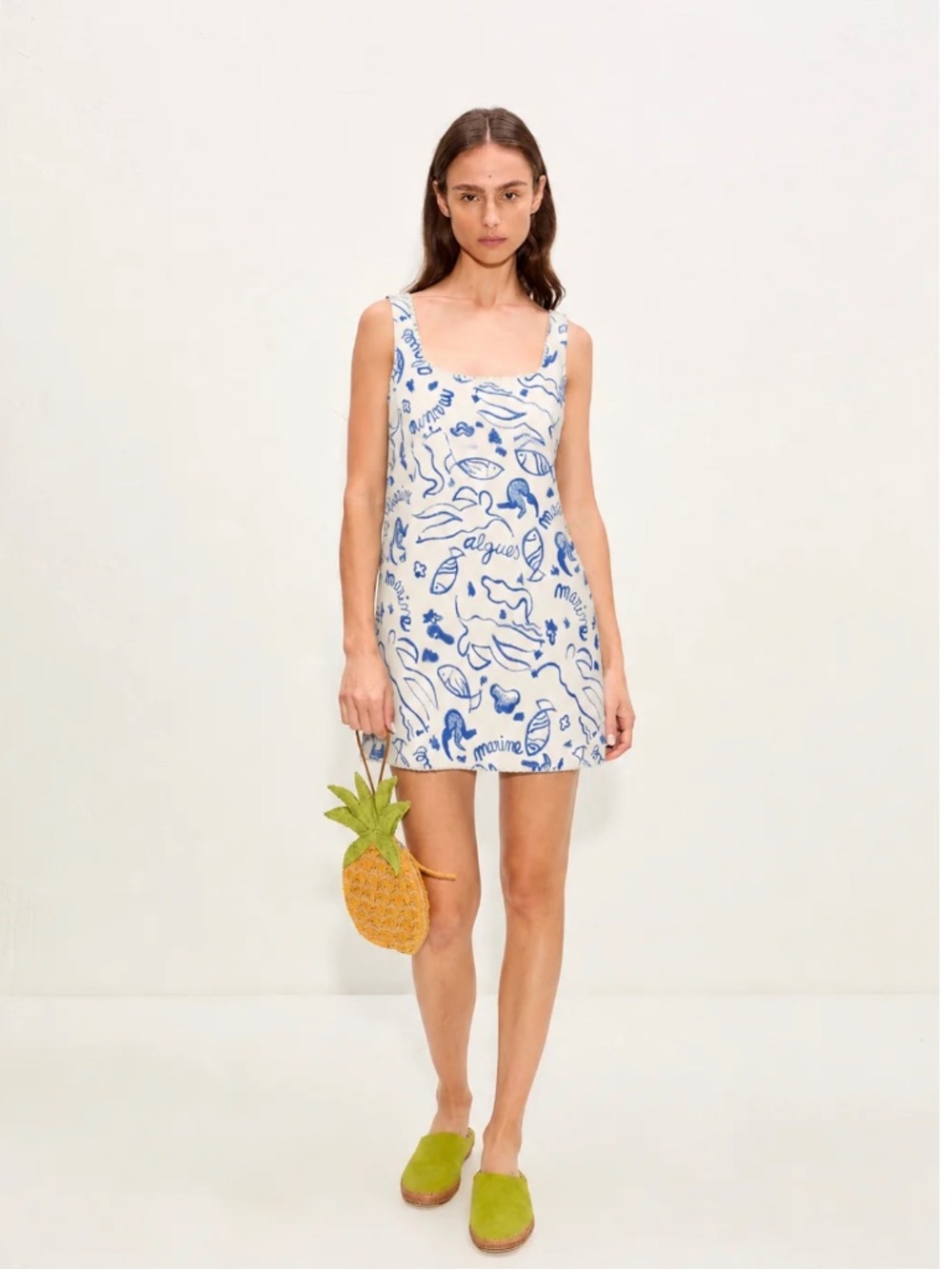 Simon Miller Sahara Printed Denim Mini Dress Cream Blue XS Tags Attached